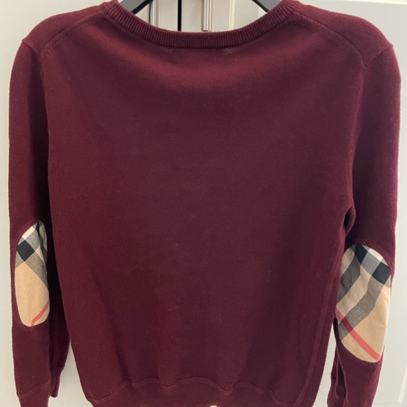 Burberry Kids sweater. Unisex Sz8Y Burgundy w/ Burberry check patches on elbow. - Picture 2 of 4